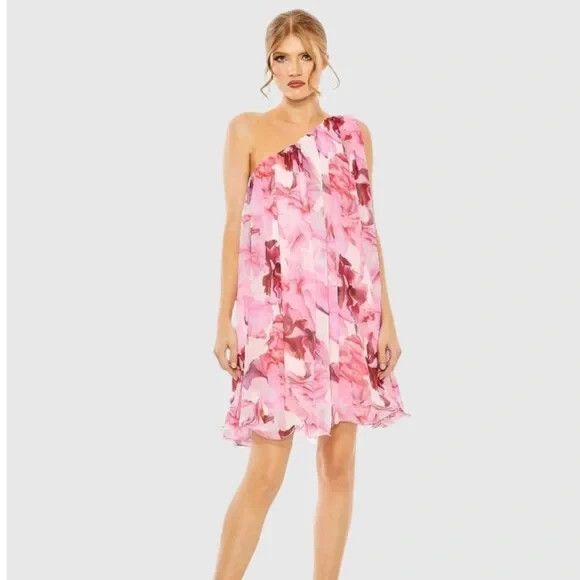 MAC DUGGAL PINK FLORAL PRINT ONE SHOULDER MINI DRESS NWT SZ 10 PINK $398 - Picture 2 of 9